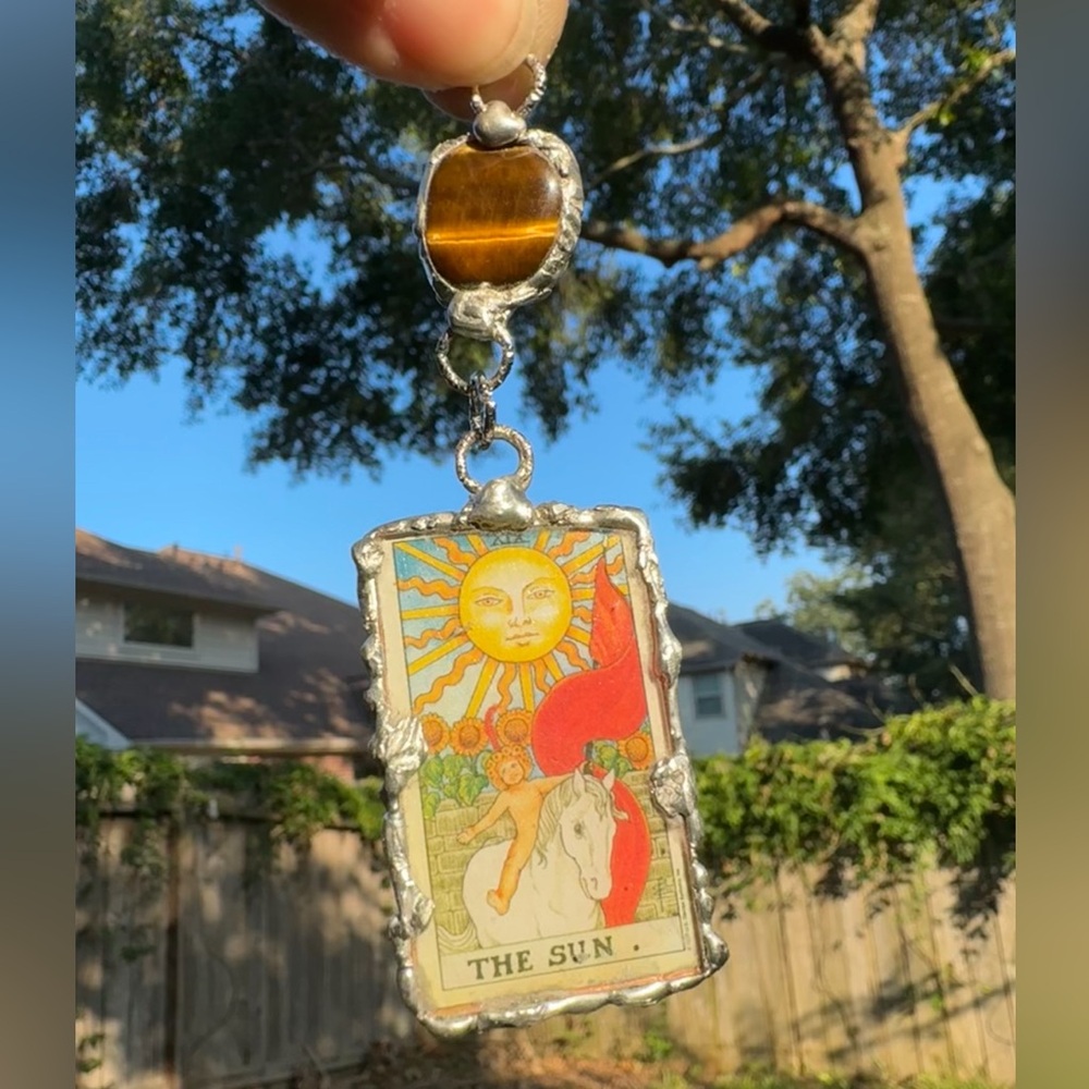 Tarot Card Mixed Media & Artisan Metalwork Tiger Eye Pendant & Leather Necklace
